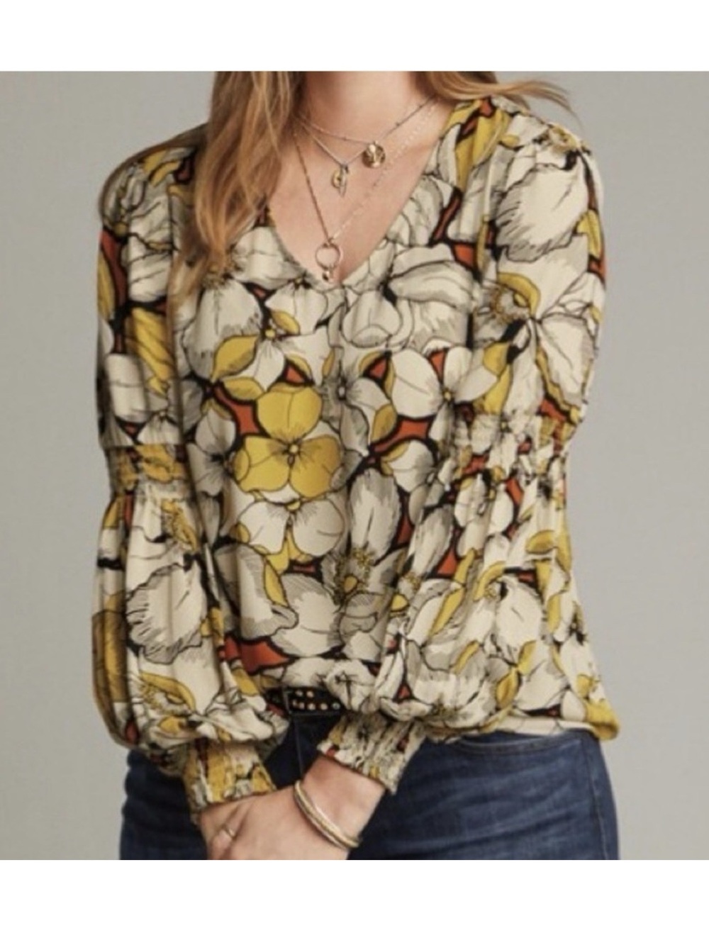 CAbi #3954 Sequel Blouse Yellow Floral Long Poet Sleeve, size XXL